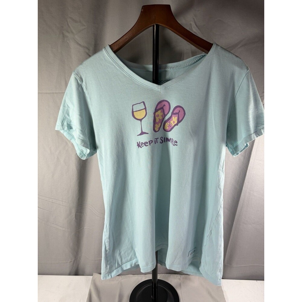Life Is Good Womens L Keep It Simple Wine Flip Flops V-Neck T-Shirt Crusher